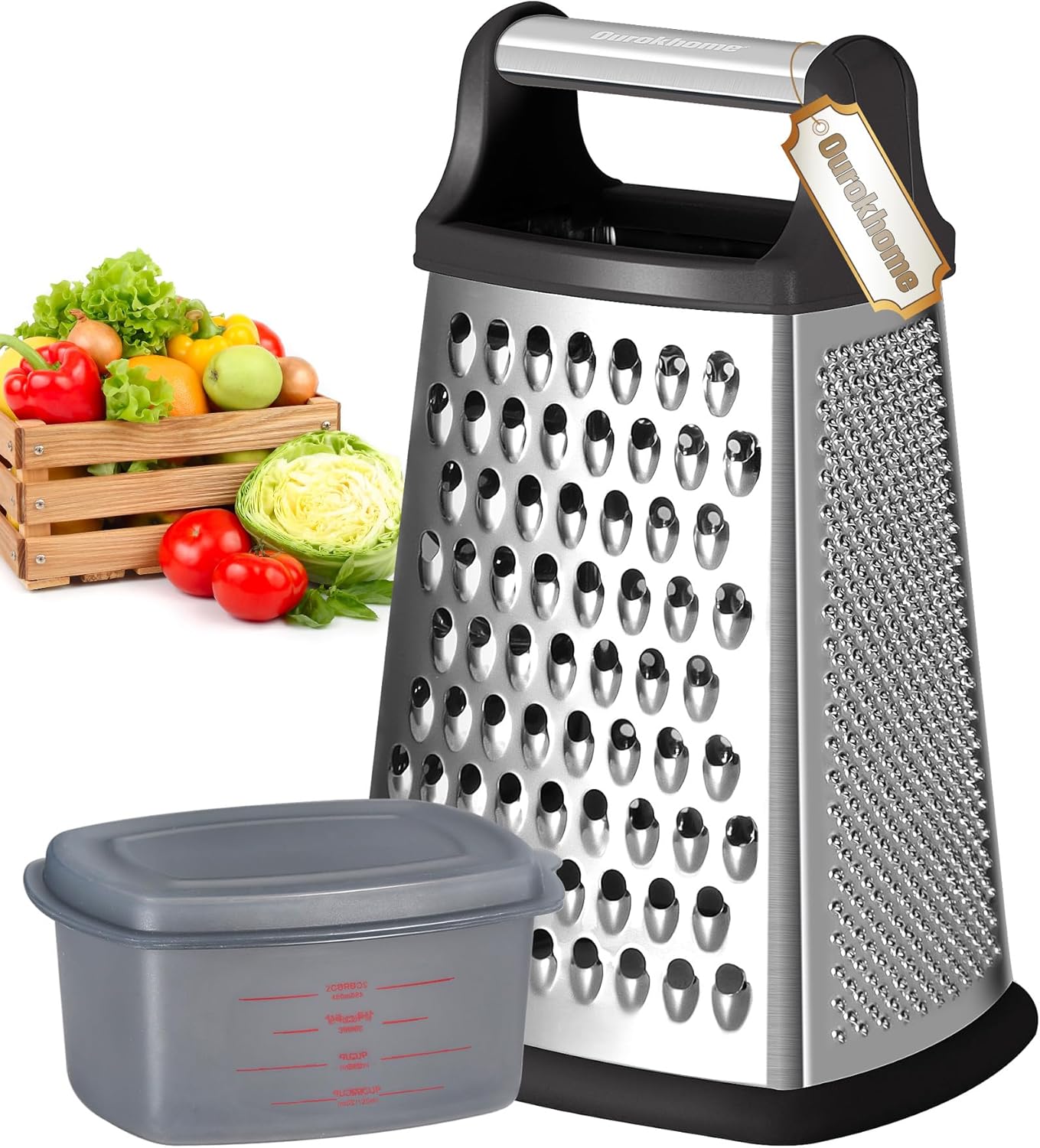 Ourokhome Cheese Grater, Handheld Box Grater with Container & Lid, 4-Sided Stainless Steel for Kitchen, Wavy Julienne, Slicer, Coarse Shred & Fine Zester, Non-Slip Base, Dishwasher Safe, 8 Inch