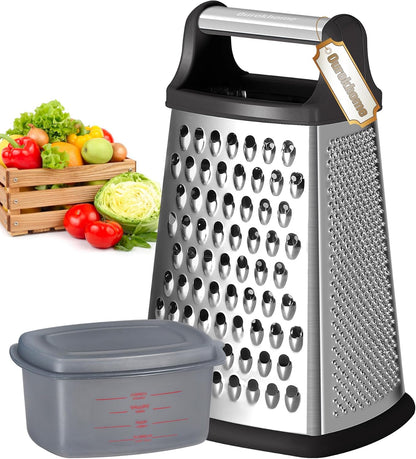 Ourokhome Cheese Grater, Handheld Box Grater with Container & Lid, 4-Sided Stainless Steel for Kitchen, Wavy Julienne, Slicer, Coarse Shred & Fine Zester, Non-Slip Base, Dishwasher Safe, 8 Inch