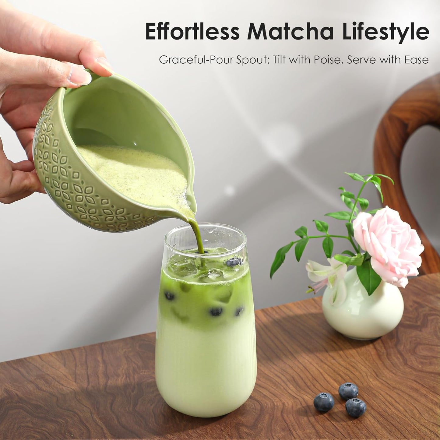 Matcha Whisk Set Matcha Kit - 7 Pcs Japanese Tea Set Includes Matcha Bowl with Spout,Bamboo Whisk with Ceramic Holder,Bamboo Scoop and Rest,Sifter,Tea Towel, for Ceremony Matcha Lovers Gift,Green