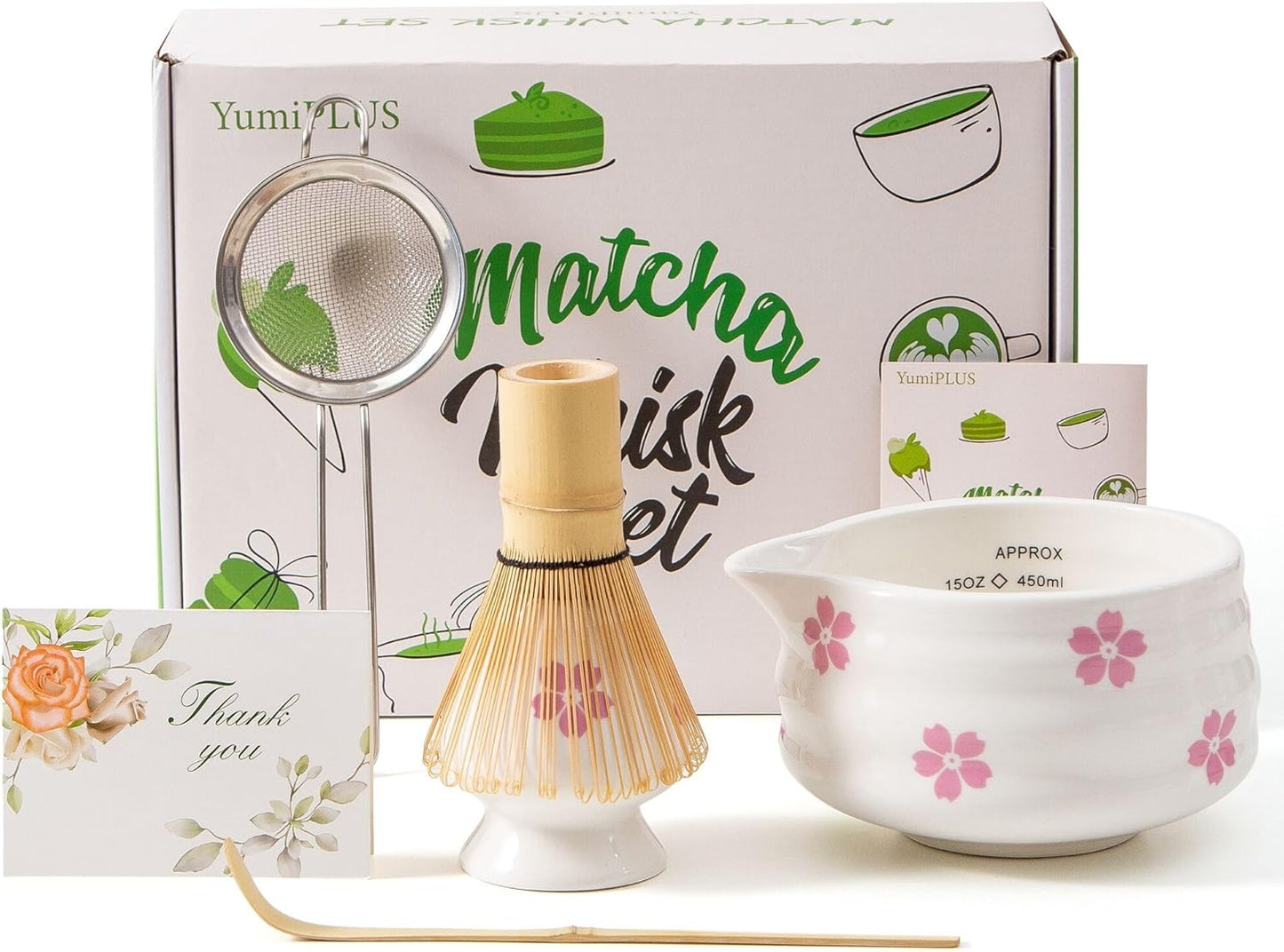 5pcs Premium Matcha Set,Ceramic Bowl with Spout and Bamboo Whisk set, Ceremonical Matcha Kit for breakfast/latte,Tea Starter Making Kit,Unique Matcha Gift set (pink love)