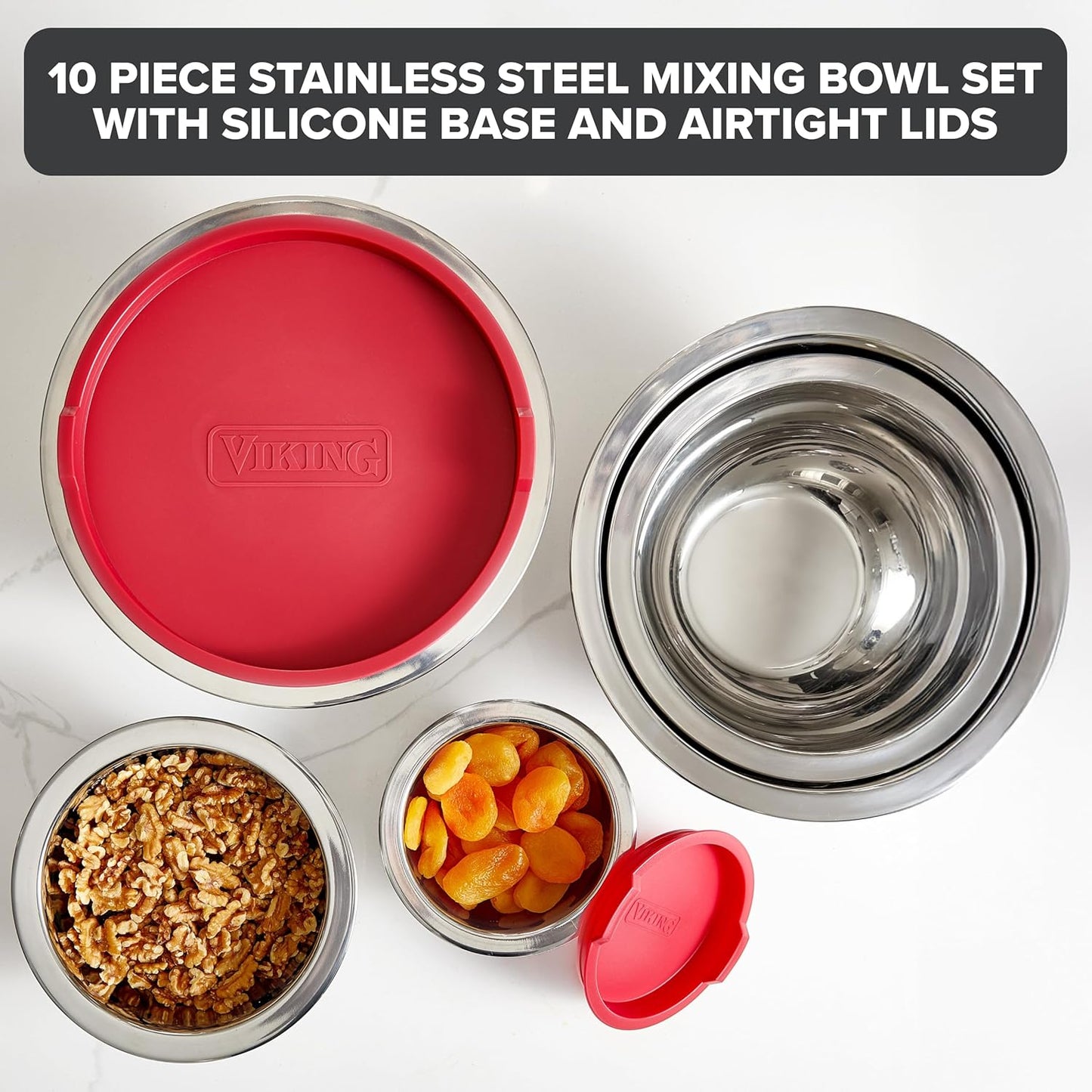 Viking Mixing Bowls Set, 10 Piece Stainless Steel Kitchen Cookware, Non-Slip Silicone Base, Includes Tight Fit Lids, Dishwasher Safe, Black