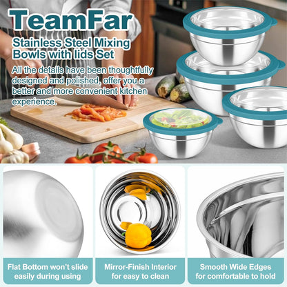 TeamFar Mixing Bowls, 4.5/3/1.5/1/0.7 QT Stainless Steel Nesting Salad Bowls with Visible Lids, For Serving/Mixing/Storing, Non-Toxic & Heavy Duty, Airtight & Easy Clean, Khaki, Set of 5