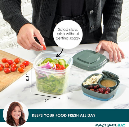 Rachael Ray Salad Container For Lunch, Salad Lunch Container For Adults, Salad Bowl Kit With Compartments For Salad Dressing & Toppings, Includes Ice Pack