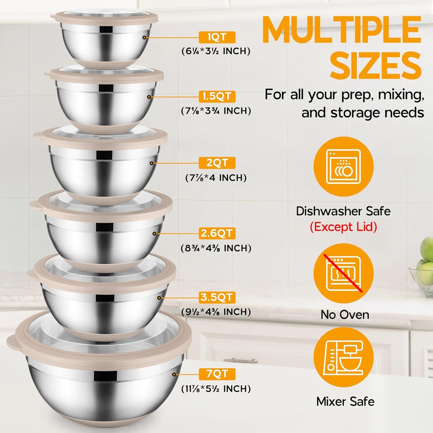 Onader Mixing Bowls with Lids Set of 6, Large Metal Nesting Mixing Bowls, Stainless Steel Non-Slip Salad Bowl Khaki – Size 1, 1.5, 2, 2.6, 3.5, 7QT