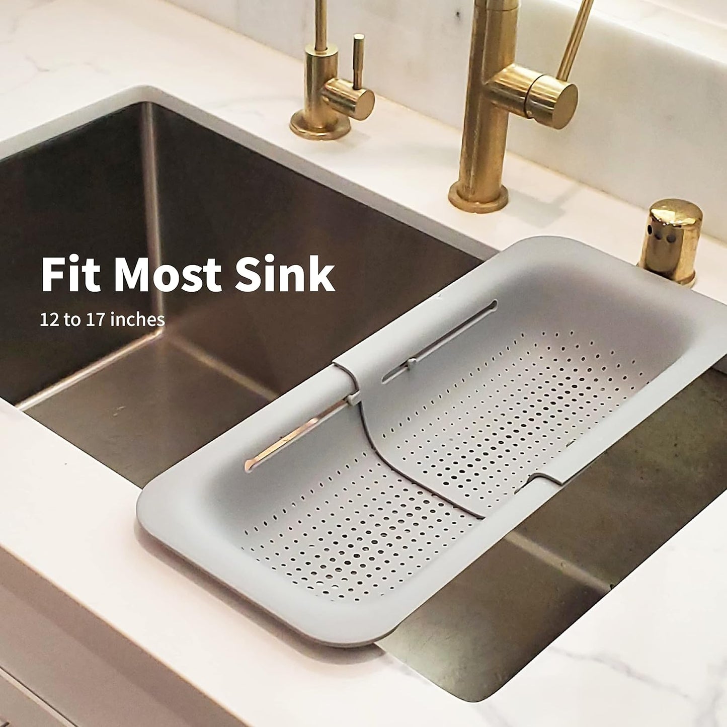 Makerstep Over the Sink Colander Strainer Basket - Expandable, Wash, Drain, and Dry. - New Home Kitchen Essentials, Multifunctional Kitchen Gadgets, Grey 14.25x8