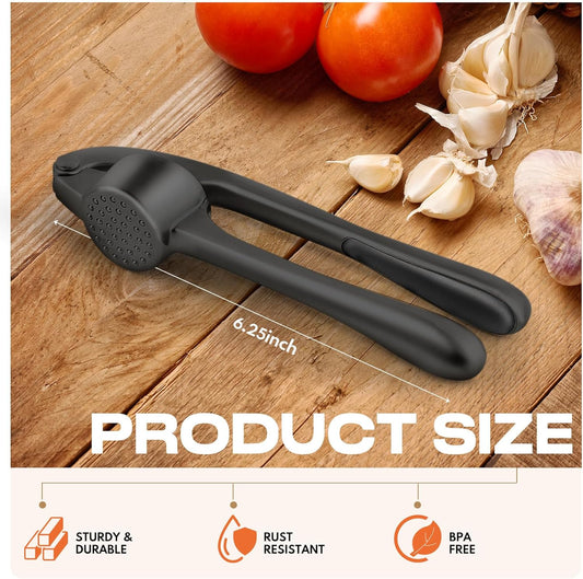 Kitchen Garlic Press, Rust Proof & Dishwasher Safe Garlic Mincer, Durable Garlic Crusher Set with Peeler＆Brush, Easy to Clean and Squeeze, Matte
