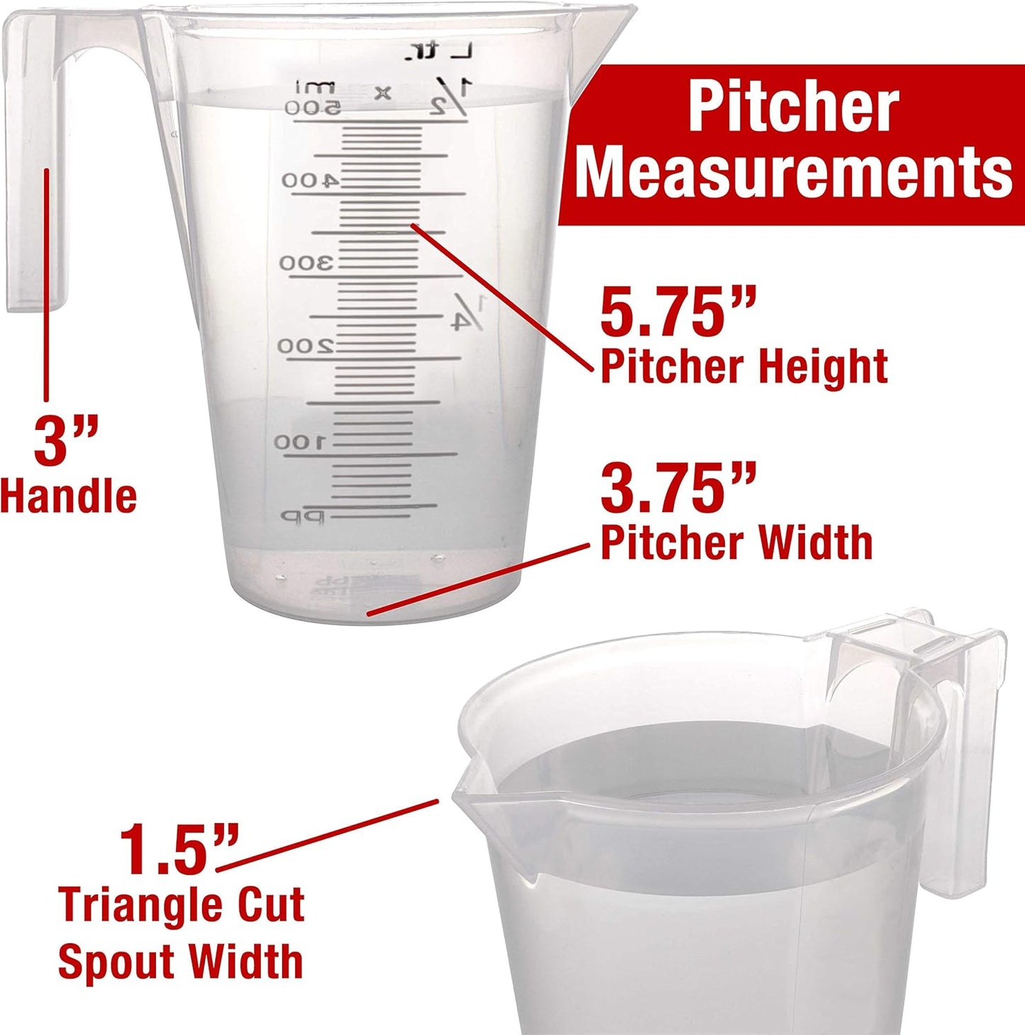 TCP Global 5 Piece Set of Plastic Graduated Measuring and Mixing Pitchers - 500, 1000 Quart, 2000, 3000, 5000 ml Gallon Sizes - Pouring Cups, Measure & Mix Paint, Resin, Epoxy, Kitchen Cooking Baking