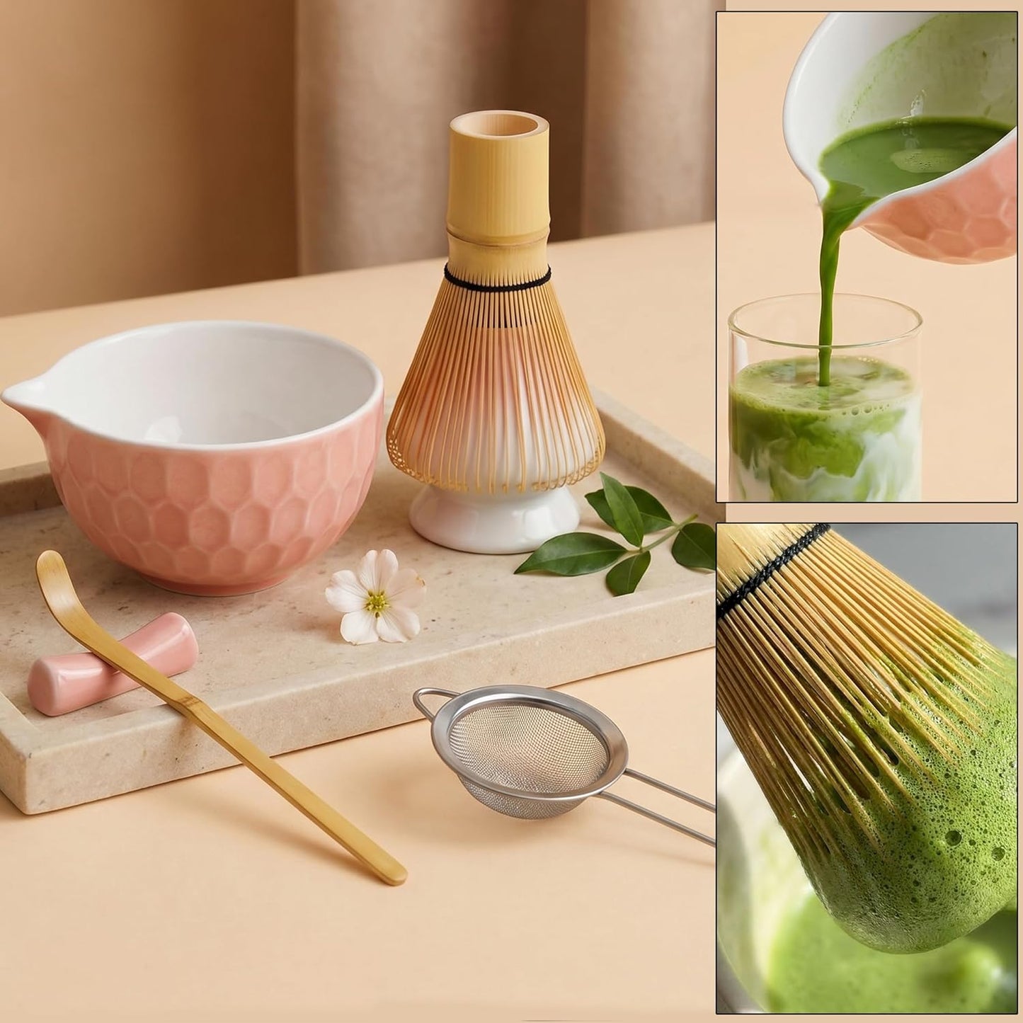 Matcha Whisk Set – Ceramic Matcha Bowl with Pour Spout, Bamboo Whisk, Whisk Holder, Scoop, Sifter – Japanese Matcha Kit for Beginners (Pink)