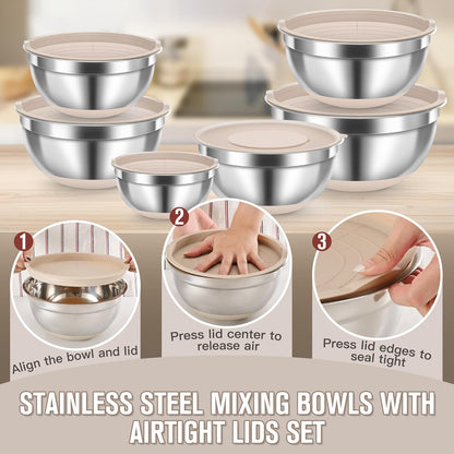 31PCS Mixing Bowls with Lids Set, 5.5QT to 0.6QT Stainless Steel Nesting Bowls with Graters, Large Khaki Bowls & 21 Measuring Cups and Spoons Set Kitchen Appliances for Mixing, Baking, Food Storage