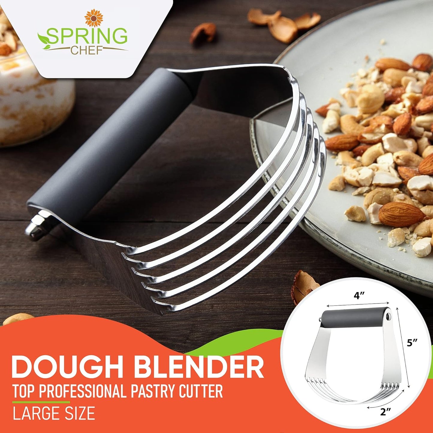 Spring Chef Dough Blender, Top Professional Pastry Cutter with Heavy Duty Stainless Steel Blades, Medium Size, Black