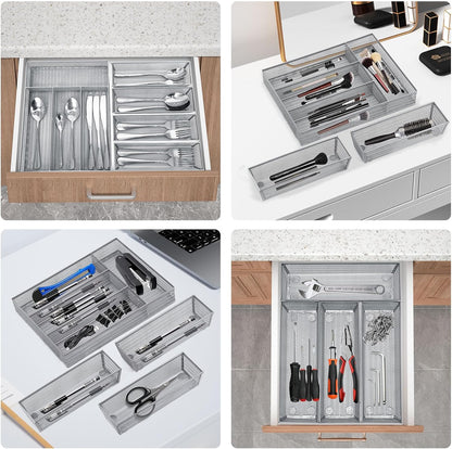 Neudeco Silverware Drawer Organizer - 5 Compartment Cutlery Tray with Non-Slip Feet, Mesh Wire Flatware Storage Divider for Kitchen, Bedroom, Living Room (Silver)