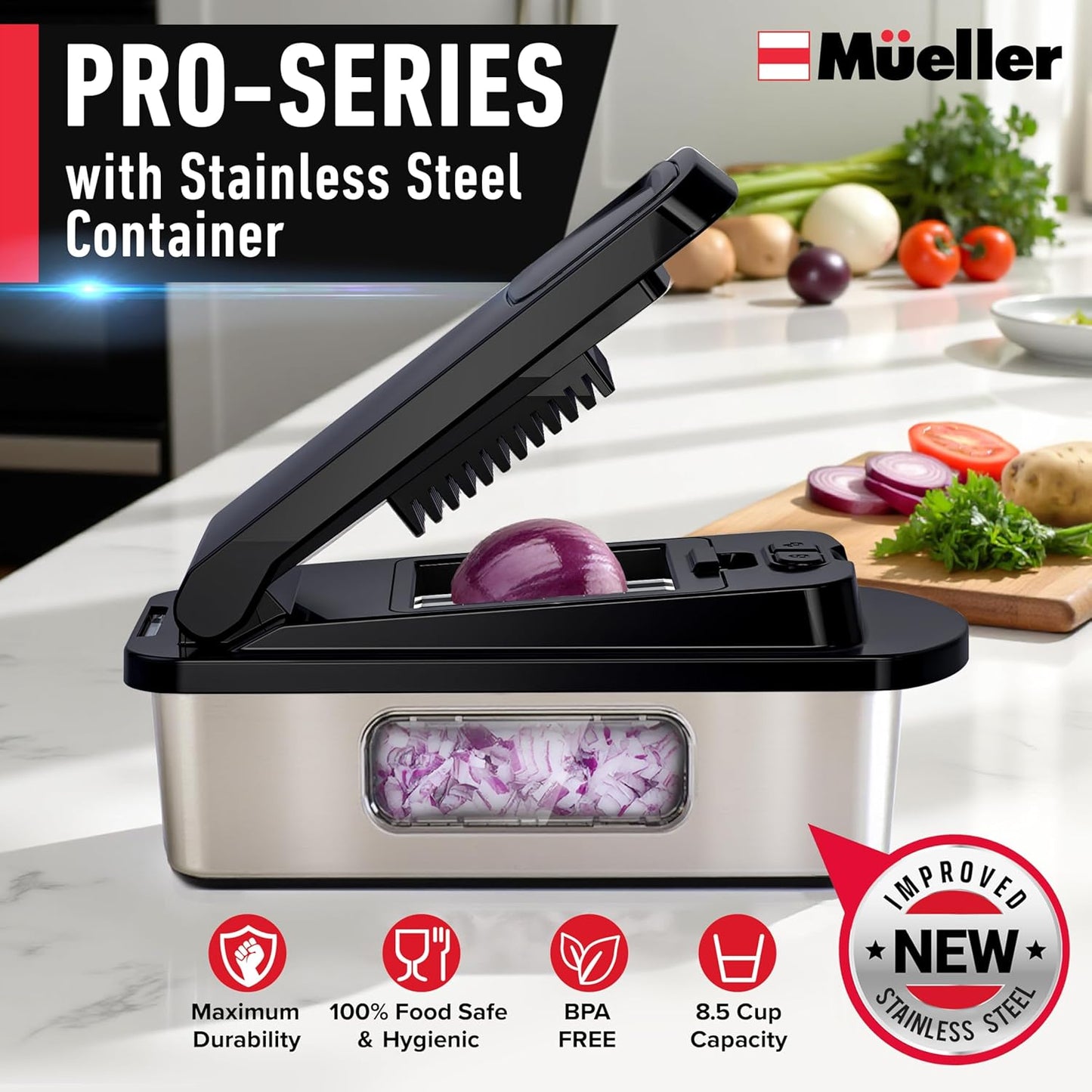 Mueller Pro-Series 10-in-1, 8 Blade Vegetable Chopper, Onion Mincer, Cutter, Dicer, Egg Slicer with Container, French Fry Cutter Potato Slicer, Home Essentials, Salad Chopper White Sand/Green
