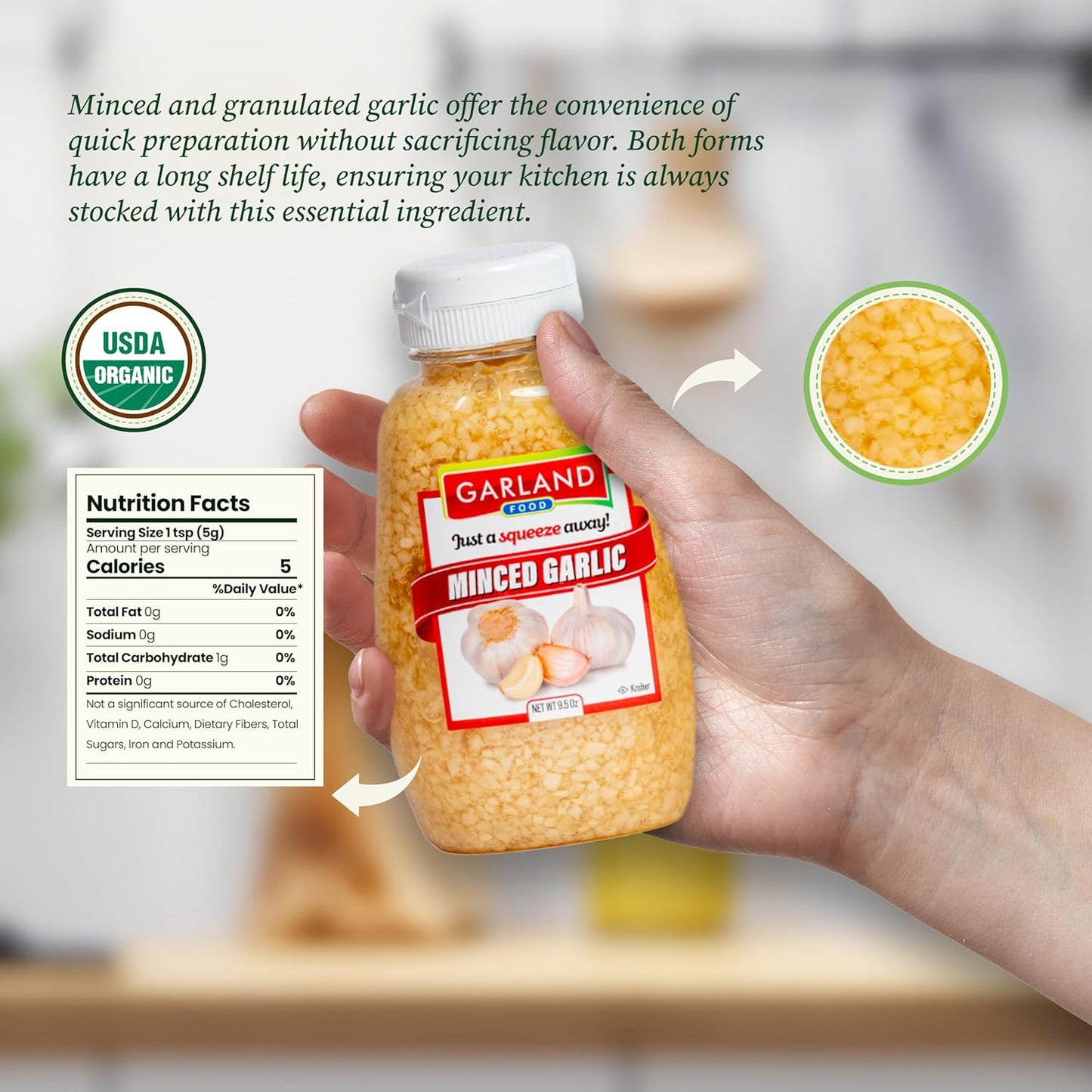 Garland Food Squeezable Minced Garlic in Water 9.5 oz – Made in the USA - Garlic Minced Squeeze Bottle for Fresh Flavor, Time-Saving Prep, and Versatile Uses in Every Dish