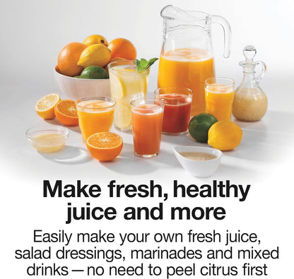 Proctor Silex Electric Citrus Juicer Machine, Large 34 oz. Pitcher, Pressure Activated, 2 Reamers for Big and Small Fruit, Pulp Control, for Orange, Lemon, Grapefruit Juice, White & Green (66340)