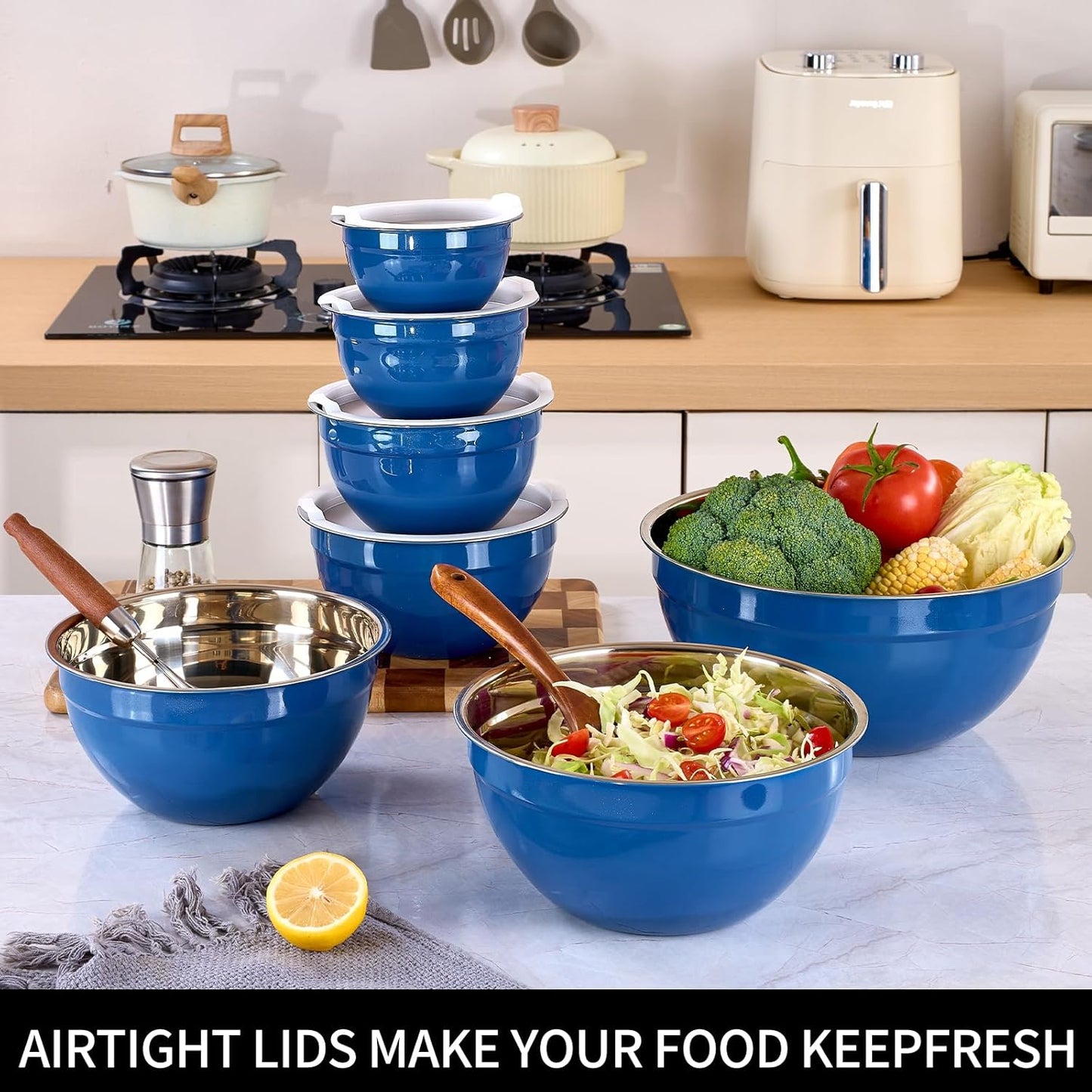 Red Mixing Bowls with Lids Set of 7, Stainless Steel Nesting Bowl with Khaki Lid for Non-slip Mixing Prepping Storing Serving, 7 Sizes-7/3.6/2.7/2.1/1.5/1/0.8 QT