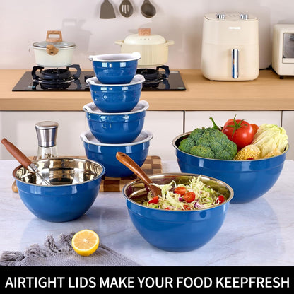 Red Mixing Bowls with Lids Set of 7, Stainless Steel Nesting Bowl with Khaki Lid for Non-slip Mixing Prepping Storing Serving, 7 Sizes-7/3.6/2.7/2.1/1.5/1/0.8 QT