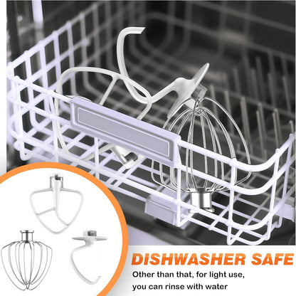 3 Pack Mixer Attachments Set for KitchenAid 4.5-5 Quart Tilt-Head Stand Mixers, Replacement Parts Kit with K45DH Dough Hook, K45B Coated Flat Beater, Stainless Steel K45WW Wire Whip, Dishwasher Safe