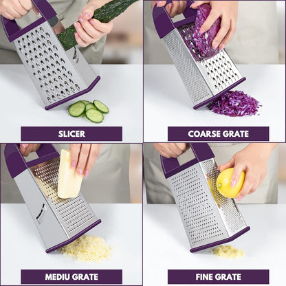 Urbanstrive Cheese Grater With Container, Professional Cheese Grater with Handle, Stainless Steel Graters for Kitchen Handheld, Box Grater with 4 Sides for Vegetables, Ginger, Potatoes (Blue)