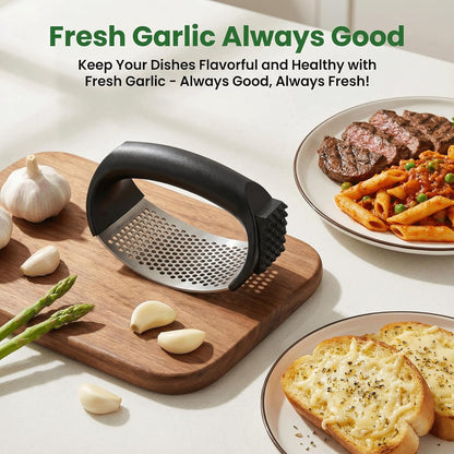 Stainless Steel Garlic Press Rocker Set – Ergonomic Garlic Crusher and Mincer Tool for Effortless Pressing. Includes Silicone Peeler and Cleaning Brush. Dishwasher Safe Kitchen Gadget (Black Handle)