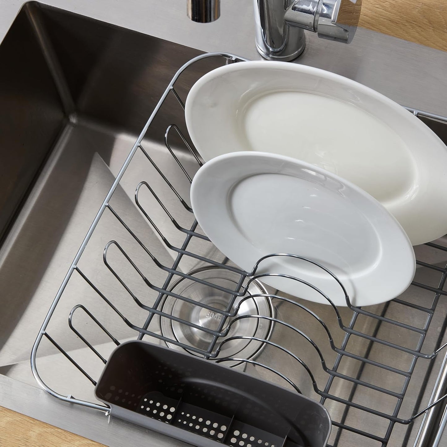 Dish Drying Rack & Cutlery Holder 2 Piece Set - Compact Sink-Fitting Dish Drainer with Rubberized Undercoating, Space-Saving Kitchen Organizer for Plates, Cups, Bowls & Utensils in Sink, Silver