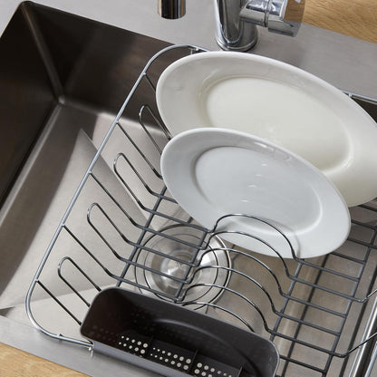 Dish Drying Rack & Cutlery Holder 2 Piece Set - Compact Sink-Fitting Dish Drainer with Rubberized Undercoating, Space-Saving Kitchen Organizer for Plates, Cups, Bowls & Utensils in Sink, Silver