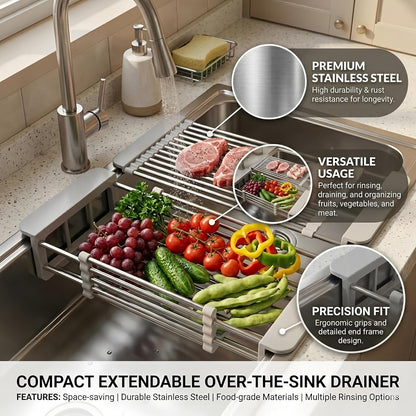 Expandable Over Sink Dish Drying Rack, Stainless Steel Kitchen Organizer, Adjustable Countertop Drainer for Plates, Bowls, Utensils (Gray, Small)