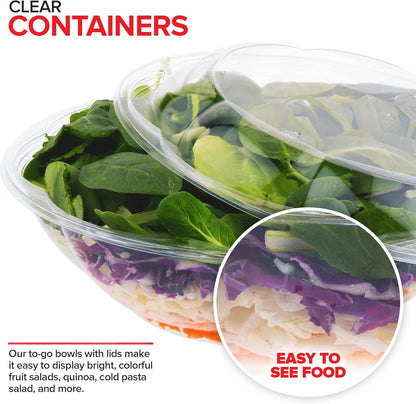 Stock Your Home 32oz Clear Plastic Salad Bowls with Lids Disposable (50 Pack) Medium Takeout Container with Snap on Lid for Fruit Salads, Quinoa, Lunch and Meal Prep, Acai Bowl, To-Go Party Containers