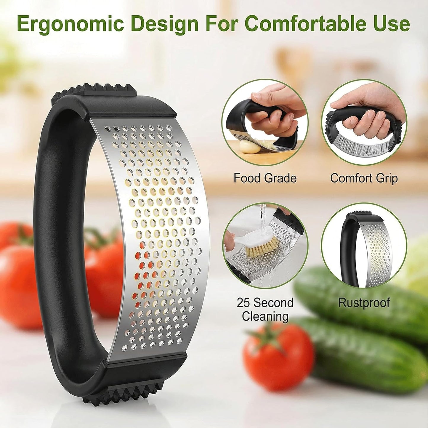 Stainless Steel Garlic Press Rocker Set – Ergonomic Garlic Crusher and Mincer Tool for Effortless Pressing. Includes Silicone Peeler and Cleaning Brush. Dishwasher Safe Kitchen Gadget (Black Handle)
