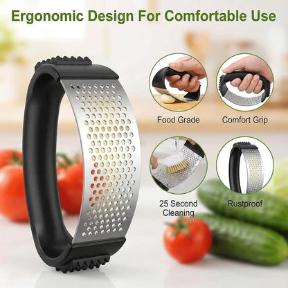 Stainless Steel Garlic Press Rocker Set – Ergonomic Garlic Crusher and Mincer Tool for Effortless Pressing. Includes Silicone Peeler and Cleaning Brush. Dishwasher Safe Kitchen Gadget (Black Handle)