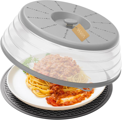WVM Microwave Splatter Cover Vented for Food with Hook Hole, Splatter Guard & Colander Kitchen Gadget for Food, Meal Prep, Grey