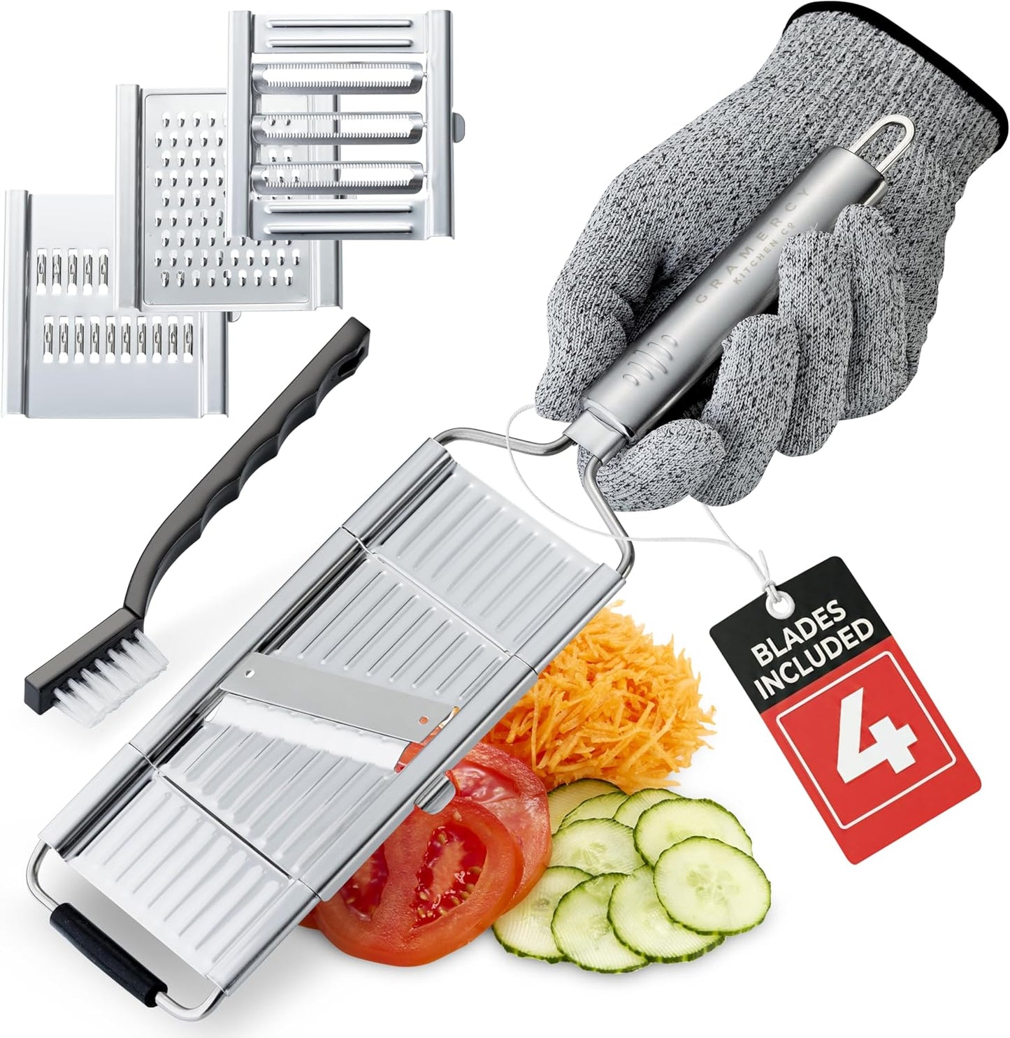 Gramercy Adjustable Mandoline Food Slicer, Mandoline Slicer for Kitchen, Mandolin, Potato, Tomato, Carrot, Vegetable, Fruit and Onion Cutter - Stainless Steel - INCLUDING 1 Pair Cut-Resistant Gloves