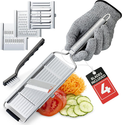Gramercy Adjustable Mandoline Food Slicer, Mandoline Slicer for Kitchen, Mandolin, Potato, Tomato, Carrot, Vegetable, Fruit and Onion Cutter - Stainless Steel - INCLUDING 1 Pair Cut-Resistant Gloves