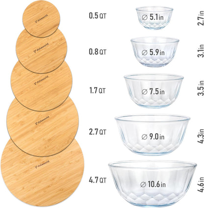 Set of 5 Nesting Glass Bowls with New Updated Acacia Lids for Foodprep, Storage, Mixing & Cooking - Microwave & Oven-ready BPA Free Durable Heat Resistant Inert Borosilicate Glass