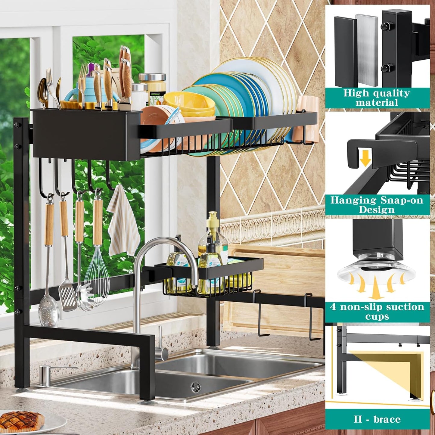 YKLSLH 4 Baskets Over The Sink Dish Drying Rack, Extendable Large Capacity Sink Rack, Metal Drying Rack Saving Space,for Most Sinks (26.57"-35")
