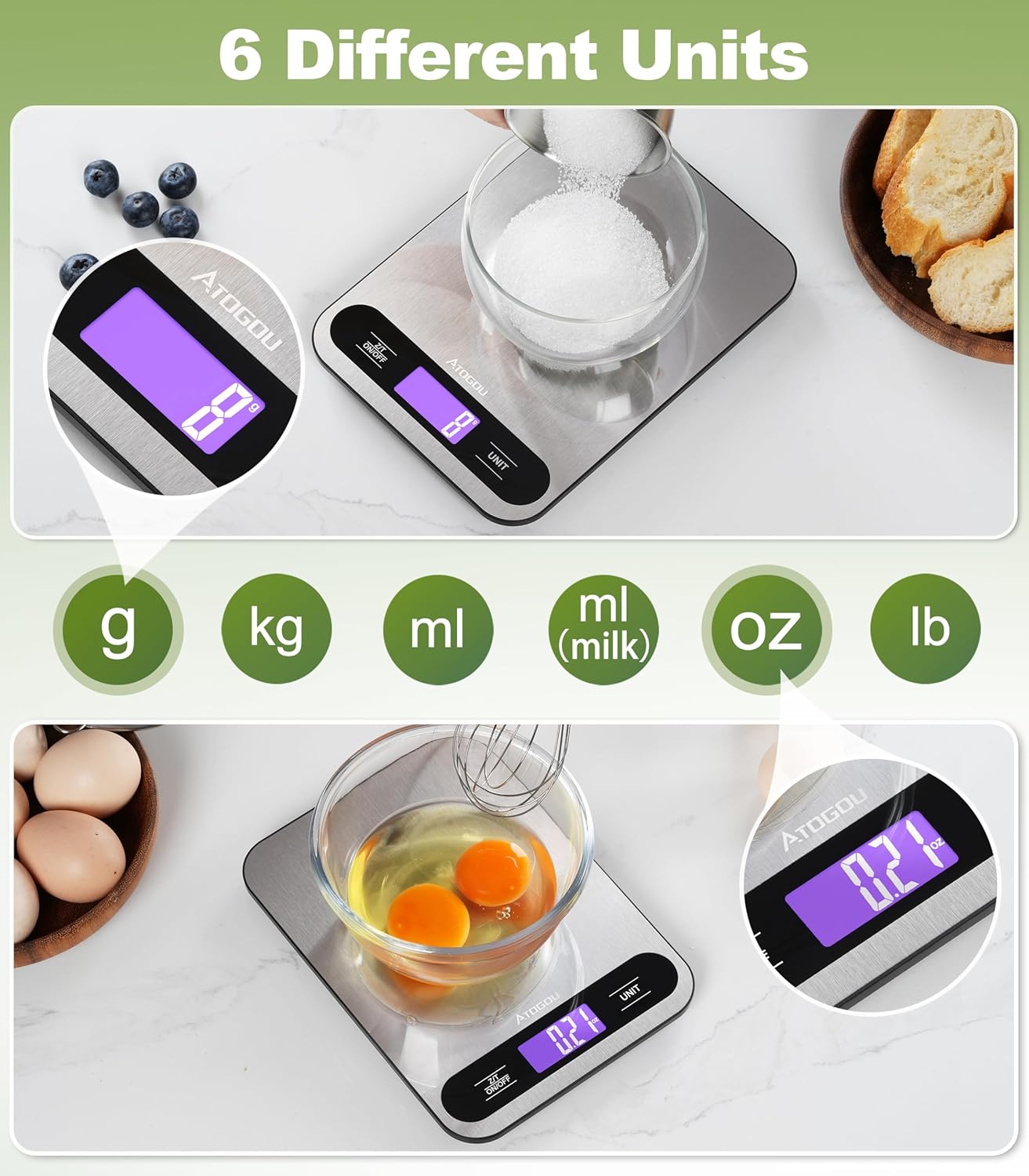 Atogou Food Scale, 33lb/ 15kg Digital Kitchen Scale with Full View LCD Display, Durable Stainless Steel Surface, for Cooking, Baking, Meal Prep Black