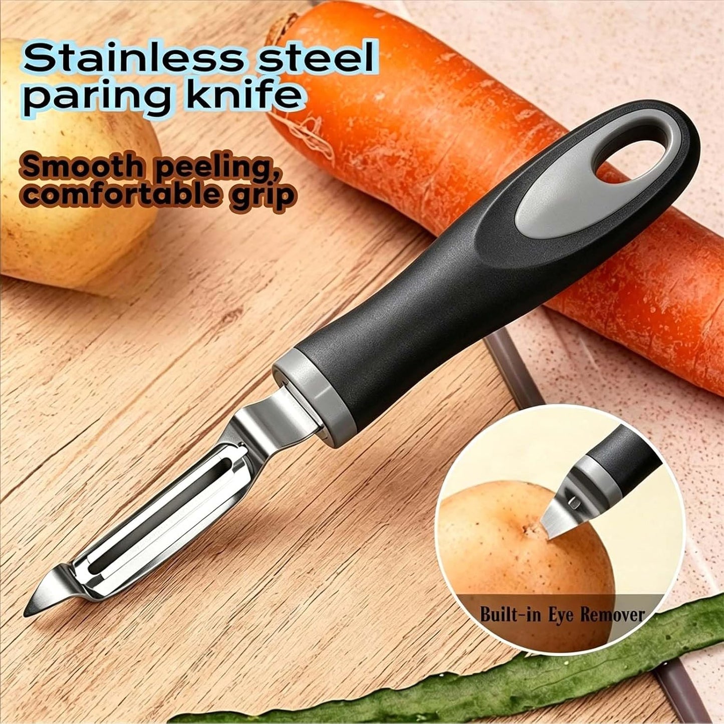 Vegetable Peeler, Stainless Steel Swivel Fruit Peeler with Ergonomic Non-Slip Handle, Built-in Eye Remover, Dishwasher Safe Kitchen Peeler for Potatoes, Carrots, Apples (Black)