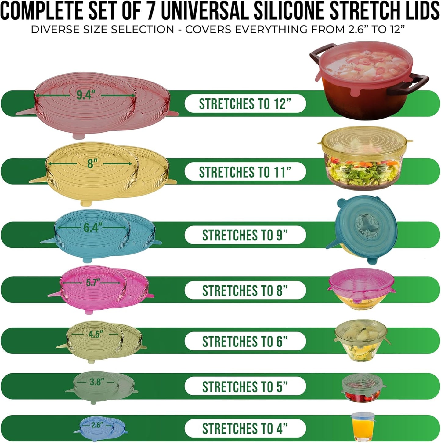 Reusable Silicone Stretch Lids for Food Storage in Fridge - Elastic Heat-Resistant Bowl Covers, Cups, Cans, Jars - Universal Food Grade Lid for Round and Rectangle Containers - Dishwasher Safe -7 Pack