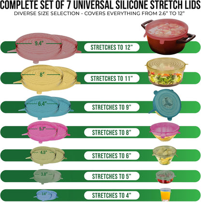 Reusable Silicone Stretch Lids for Food Storage in Fridge - Elastic Heat-Resistant Bowl Covers, Cups, Cans, Jars - Universal Food Grade Lid for Round and Rectangle Containers - Dishwasher Safe -7 Pack