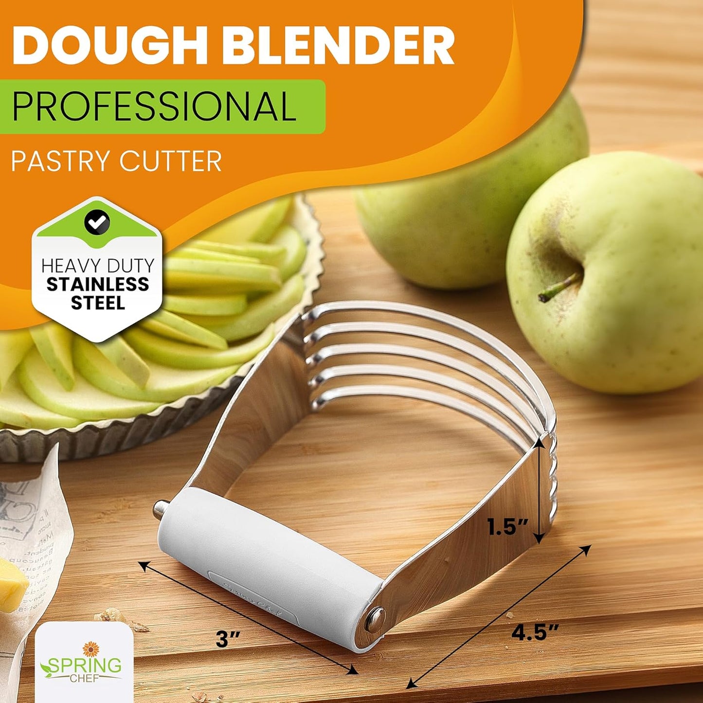 Spring Chef Dough Blender, Top Professional Pastry Cutter with Heavy Duty Stainless Steel Blades, Medium Size, Black