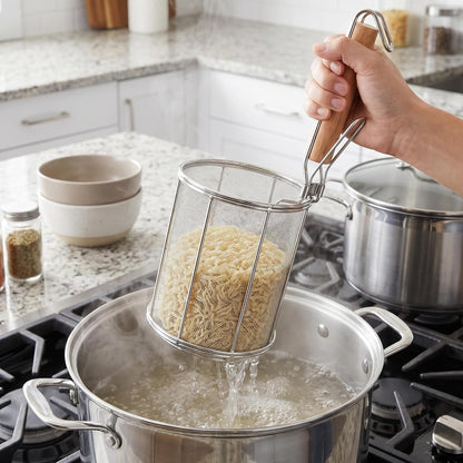 TOPZEA Spaghetti Pasta Strainer Spoon, Stainless Steel Noodle Strainer with Wood Handle, Kitchen Mesh Spider Strainer Food Strainer, Deep Fry Basket for Rinsing, Straining, Draining