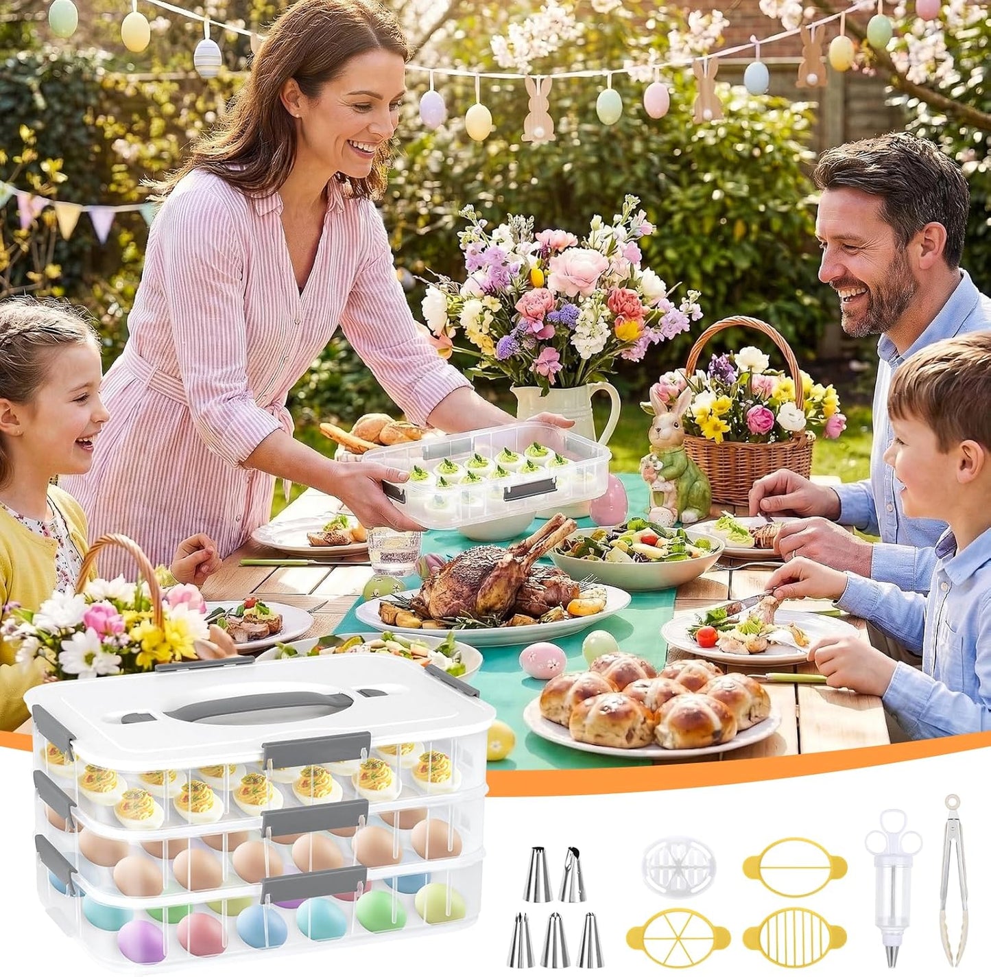2-Layer Deviled Egg Containers with Lid, 36 Slots Refrigerator fridge organizers and storage egg cartons with Handle for Easter, with Slicer Kitchen Tongs Piping Decorating Kit