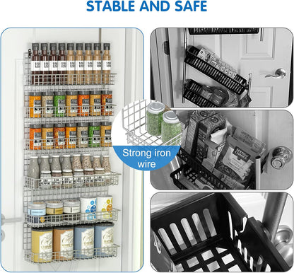 JKsmart 6-Tier Spice Rack Organizer with Door Hook, Wall Mounted & Over the Door Spice Racks for Kitchen Pantry Door Cabinet, Two Size, Large Capacity, Black
