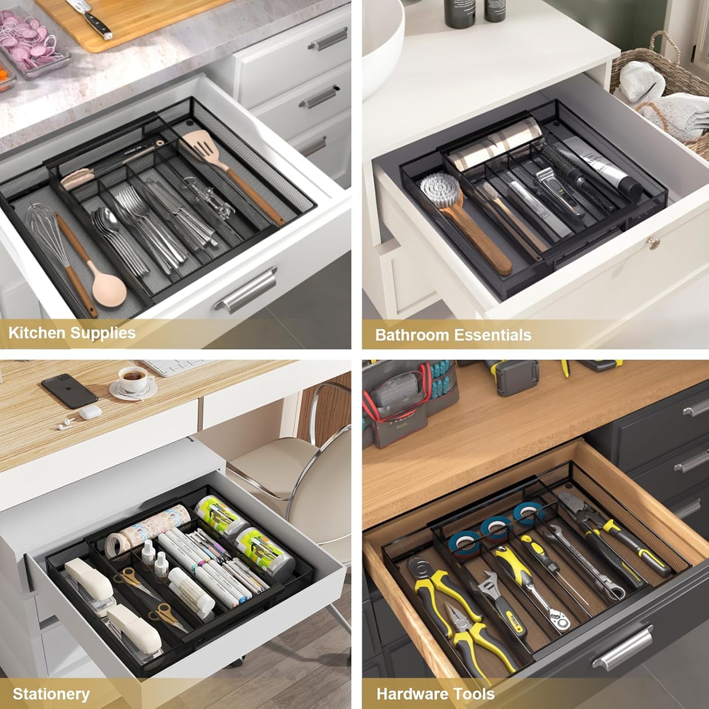 Sedegn Silverware Organizer Metal Mesh, Large Drawer Organizer, Utensil Cutlery Tray for kitchen drawers, Flatware Organizer with 6 Compartment, Black (11.3”*16“)