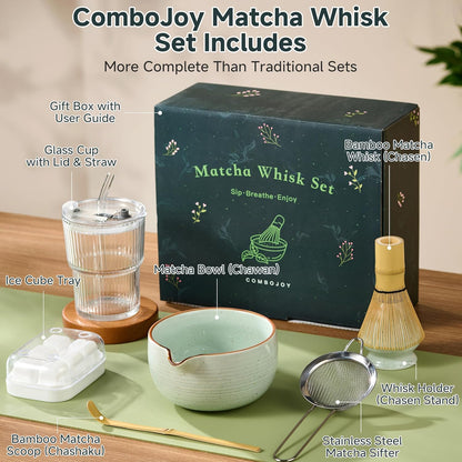 ComboJoy Matcha Whisk Set, Complete Matcha Kit with Bowl, Bamboo Whisk & Holder, Scoop, Sifter, Glass Cup with Lid & Straw, Ice Cube Tray – Matcha Gift Set for Matcha Lovers