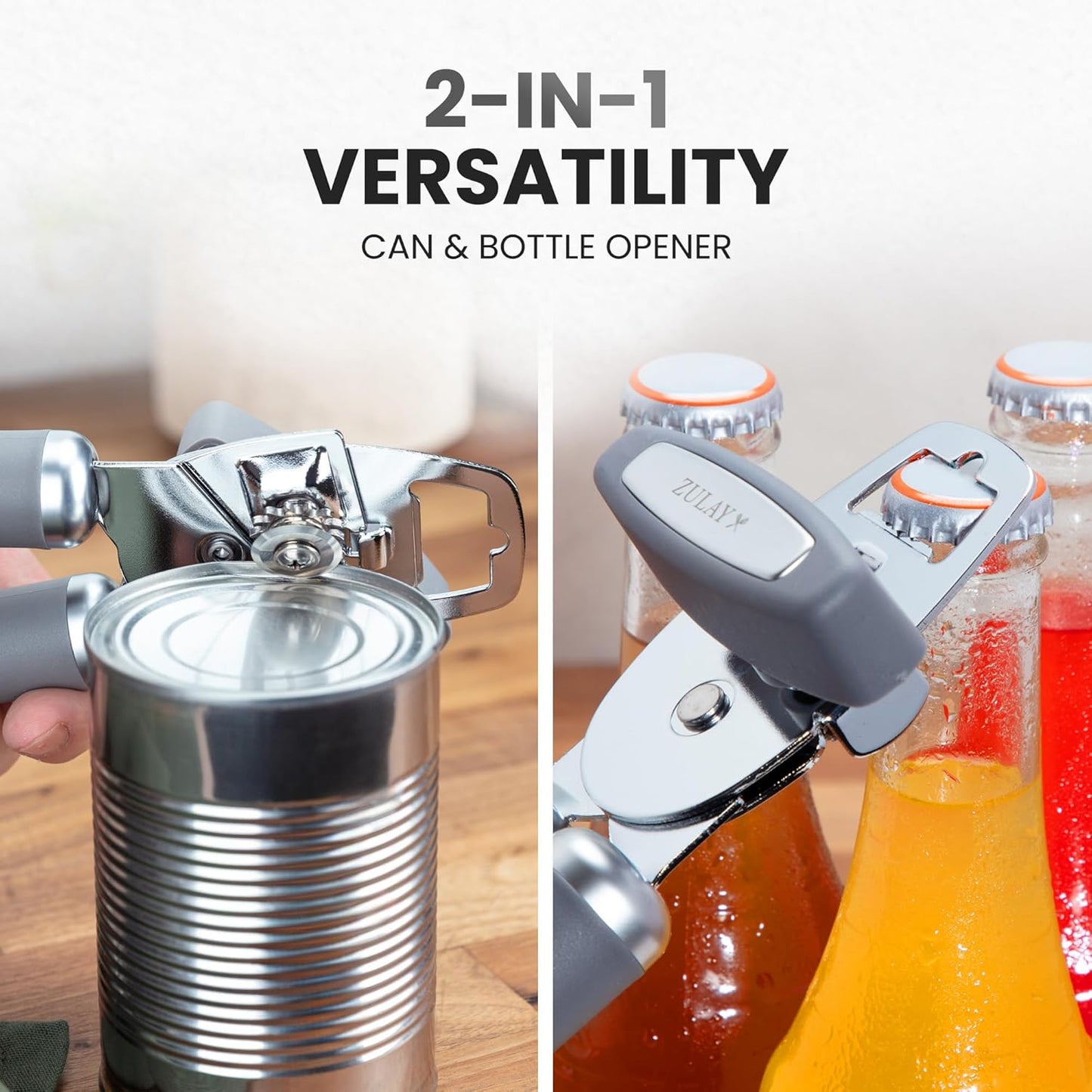 Zulay Kitchen Heavy Duty Stainless Steel Can Opener Manual with Bottle Opener - Rust Proof Manual Can Opener With Turn Knob & Comfy Soft Grip Handles - Black