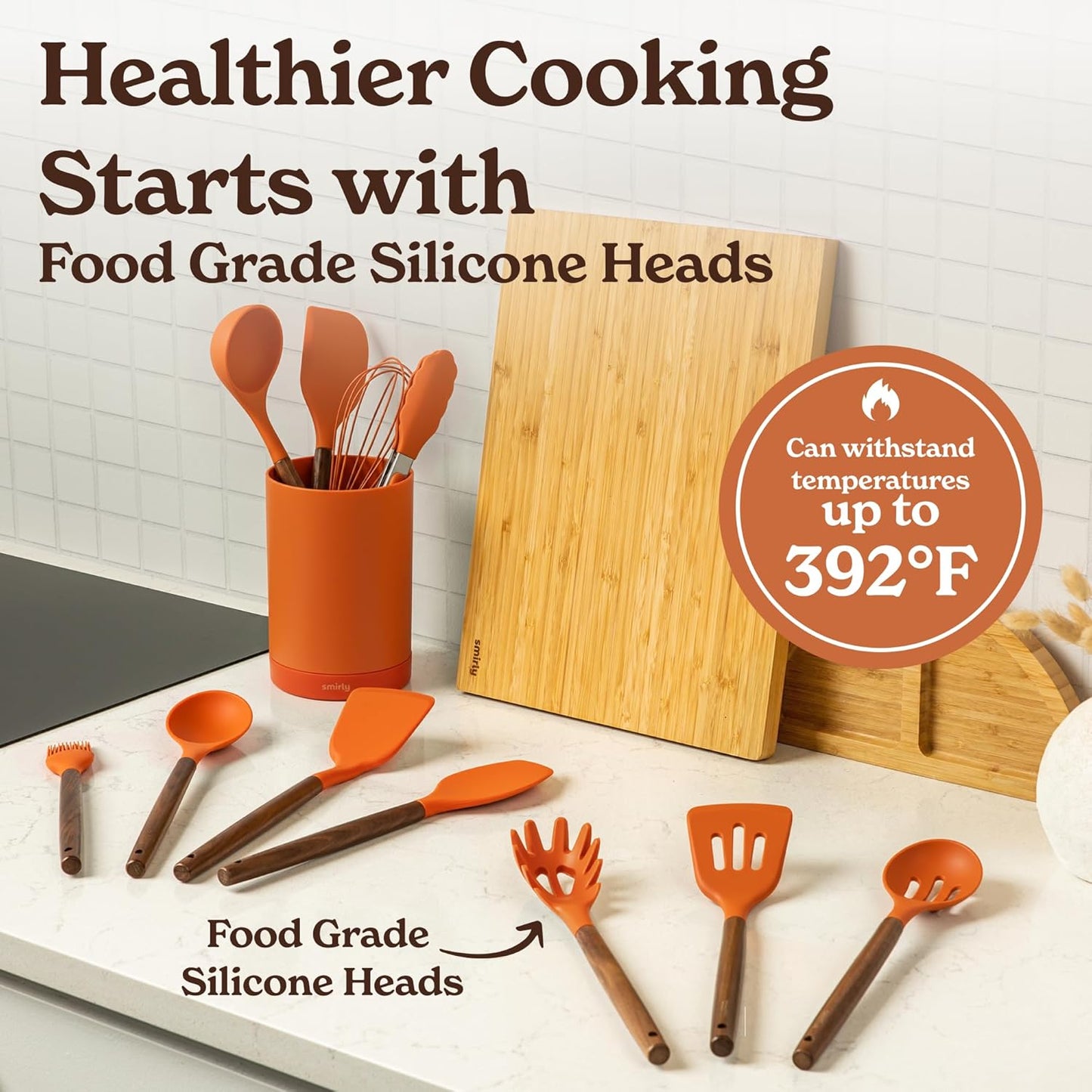 SMIRLY Kitchen Utensils Set – 22-Piece Silicone Cooking Utensils Set, Spatula Set with Holder, Wooden Handle Silicone Kitchen Gadgets for Nonstick Cookware