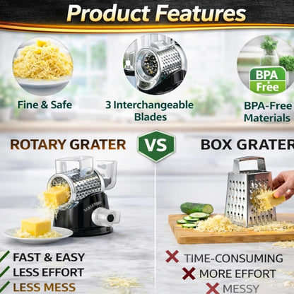 Stainless Steel Rotary Cheese Grater, Hand Crank Vegetable Shredder, food grater & Slicer — 3-in-1 Stainless Steel Blades for Parmesan, Cheese & Nuts, Suction Base, BPA-Free