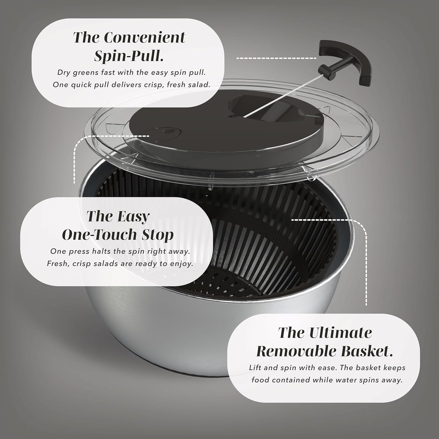 COOK WITH COLOR Stainless Steel Salad Spinner - 5 Qt. Lettuce Washer And Vegetable Spinner Dryer for Easy Salad Prep - Non Slip Base with Pull Handle - Auto Stop Brake System, Stain and Odor Resistant