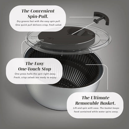 COOK WITH COLOR Stainless Steel Salad Spinner - 5 Qt. Lettuce Washer And Vegetable Spinner Dryer for Easy Salad Prep - Non Slip Base with Pull Handle - Auto Stop Brake System, Stain and Odor Resistant