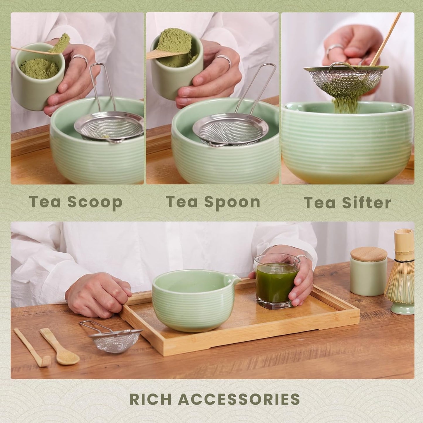 6-Piece Matcha Set, Matcha Whisk (Chasen) & Holder, Matcha Bowl with Spout, Sifter & Spoon, Bamboo & Ceramic, Dark Green
